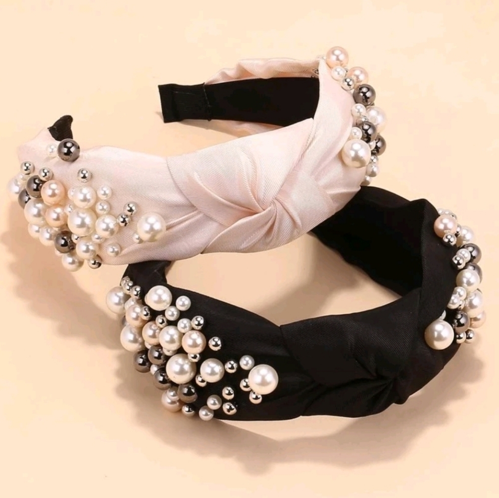 Elegant knot design headband with multicolored pearls set of 2